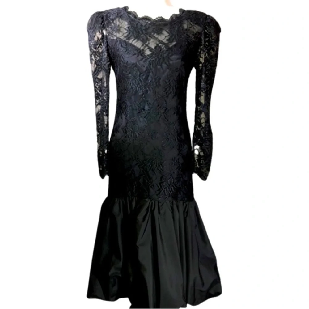 Vintage 1980's Black Balloon Lace Dress - Picture 1 of 12